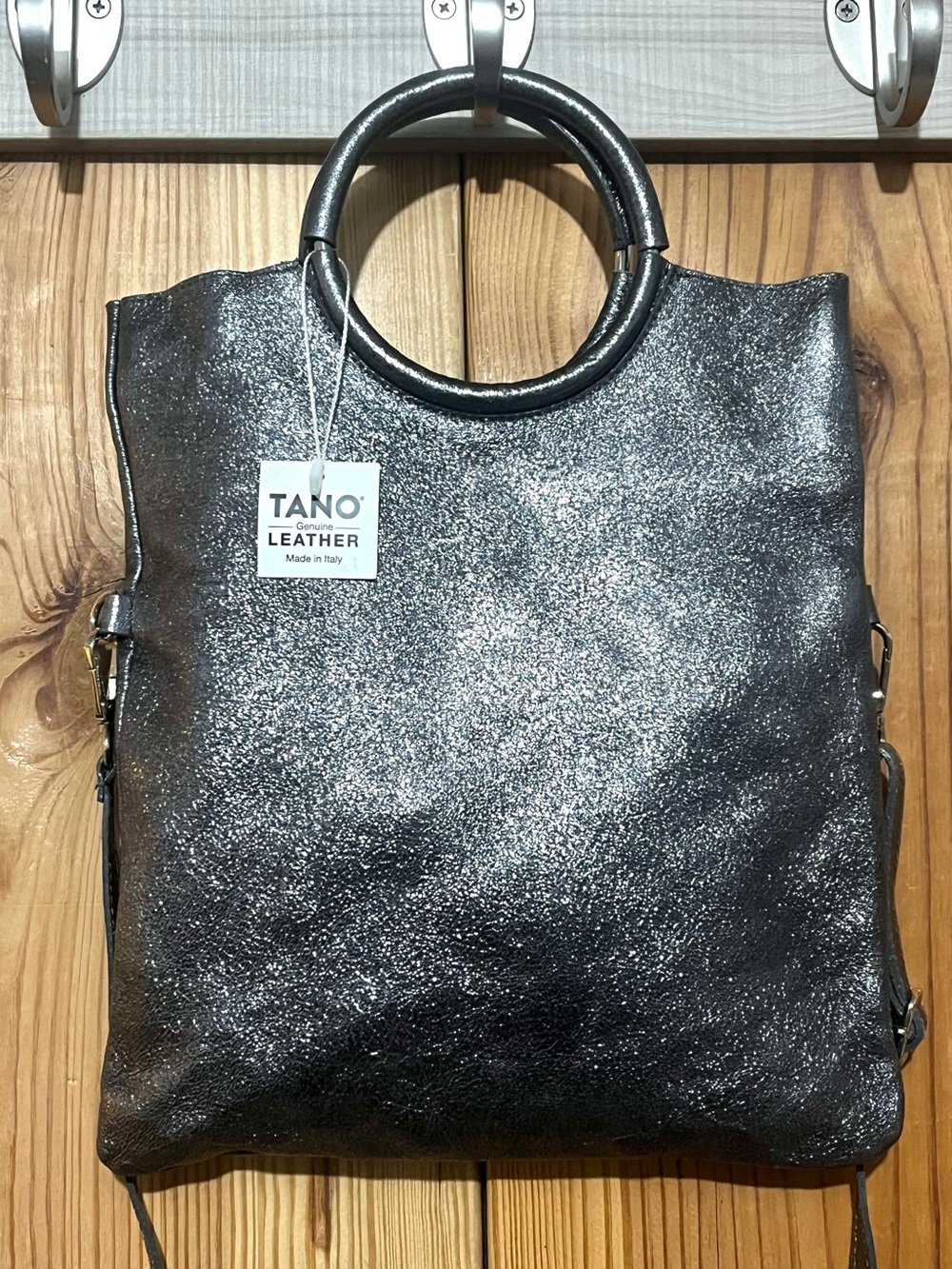 NWT Tano Metallic Gunmetal Leather Crossbody Tote Bag SM Style 1918 Convertible